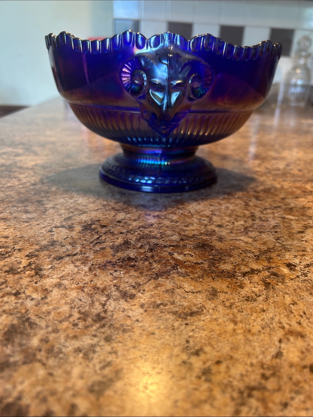 Very rare sapphire imperial glass Rams head carnival glass bowl.